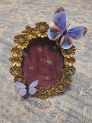 Wall-frame-shelf-butterfly-butterflies-bronze-floral-fabric-bead-purple-maroon-stars-glass