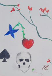 Drawing-skull-eyeball-flowers-vines-branches-spade