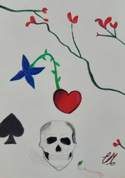 Drawing-skull-eyeball-flowers-vines-branches-spade